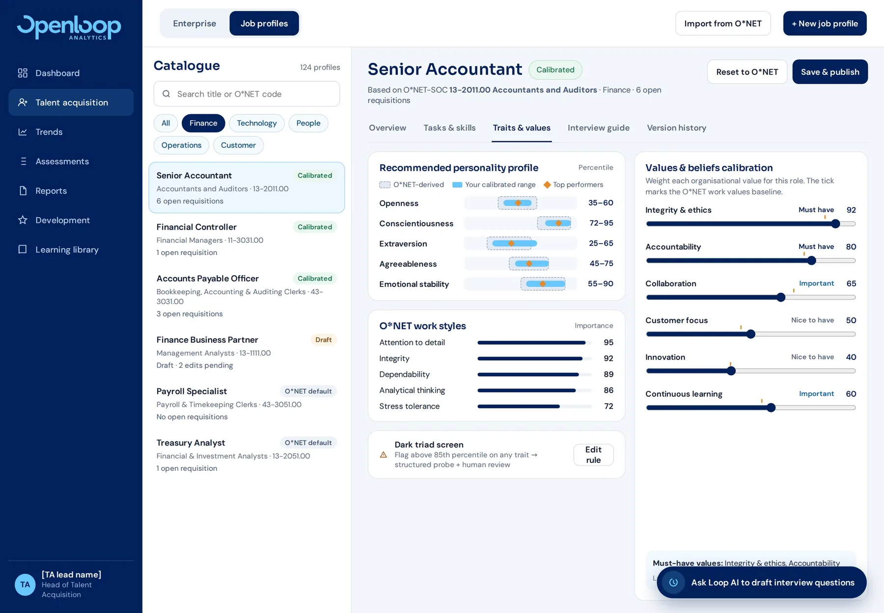Job profile editor based on O*NET occupation data