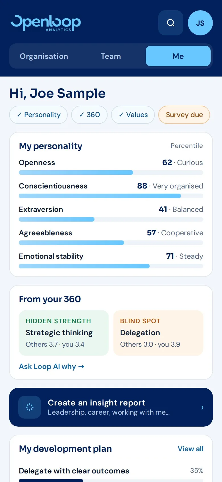 Mobile view of an individual's personality profile